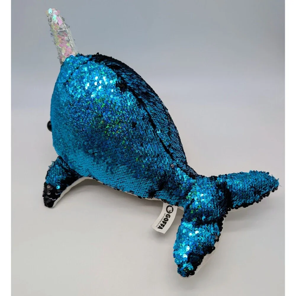 GOFFA Plush NARWHAL Blue And Black Sequin Stuffed Animal 13